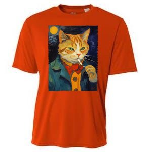 A Painting Of A Cat Smoking Cigarette Cat Art Funny Cooling Performance Crew T-Shirt