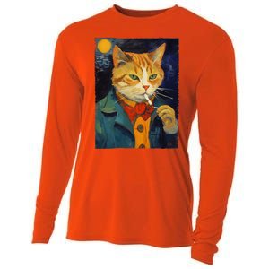 A Painting Of A Cat Smoking Cigarette Cat Art Funny Cooling Performance Long Sleeve Crew