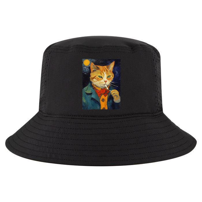 A Painting Of A Cat Smoking Cigarette Cat Art Funny Cool Comfort Performance Bucket Hat