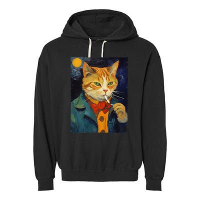 A Painting Of A Cat Smoking Cigarette Cat Art Funny Garment-Dyed Fleece Hoodie