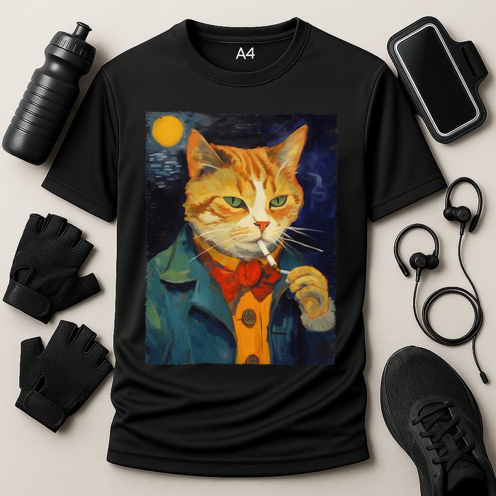 A Painting Of A Cat Smoking Cigarette Cat Art Funny Cooling Performance Crew T-Shirt