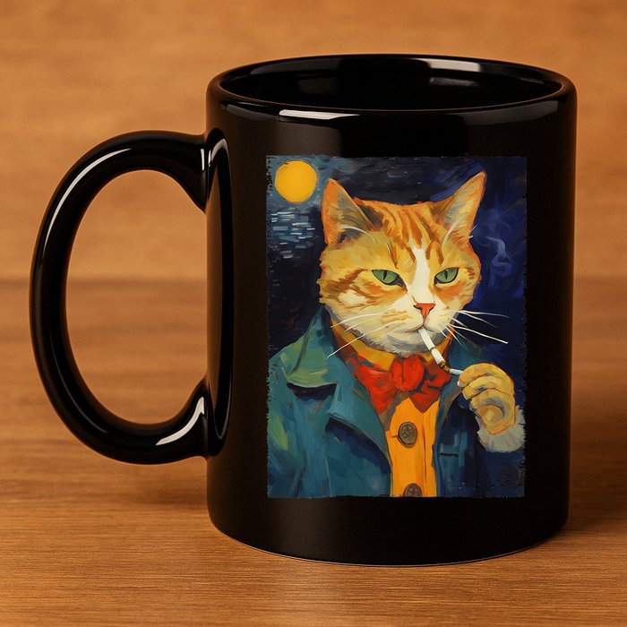 A Painting Of A Cat Smoking Cigarette Cat Art Funny 11oz C Handle Ceramic Mug