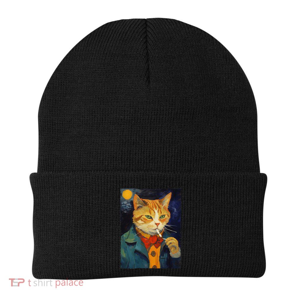 A Painting Of A Cat Smoking Cigarette Cat Art Funny Beanie
