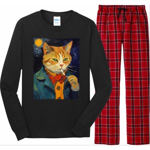 A Painting Of A Cat Smoking Cigarette Cat Art Funny Long Sleeve Pajama Set