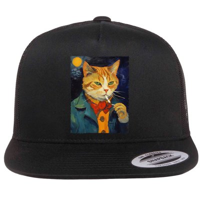 A Painting Of A Cat Smoking Cigarette Cat Art Funny Flatbill Hat