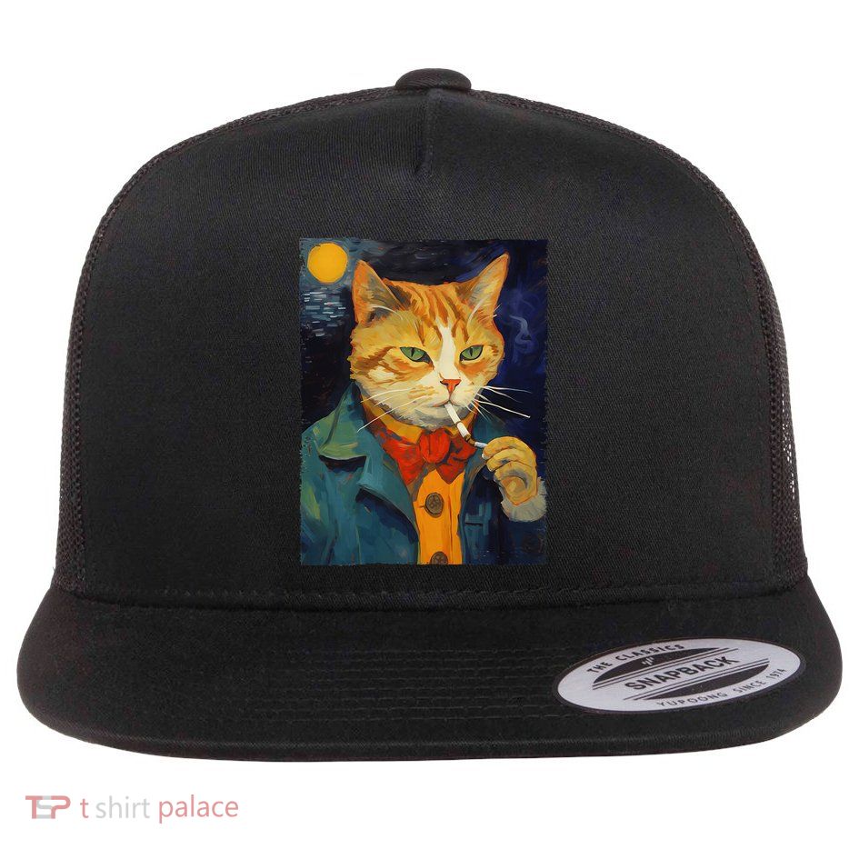 A Painting Of A Cat Smoking Cigarette Cat Art Funny Flatbill Hat