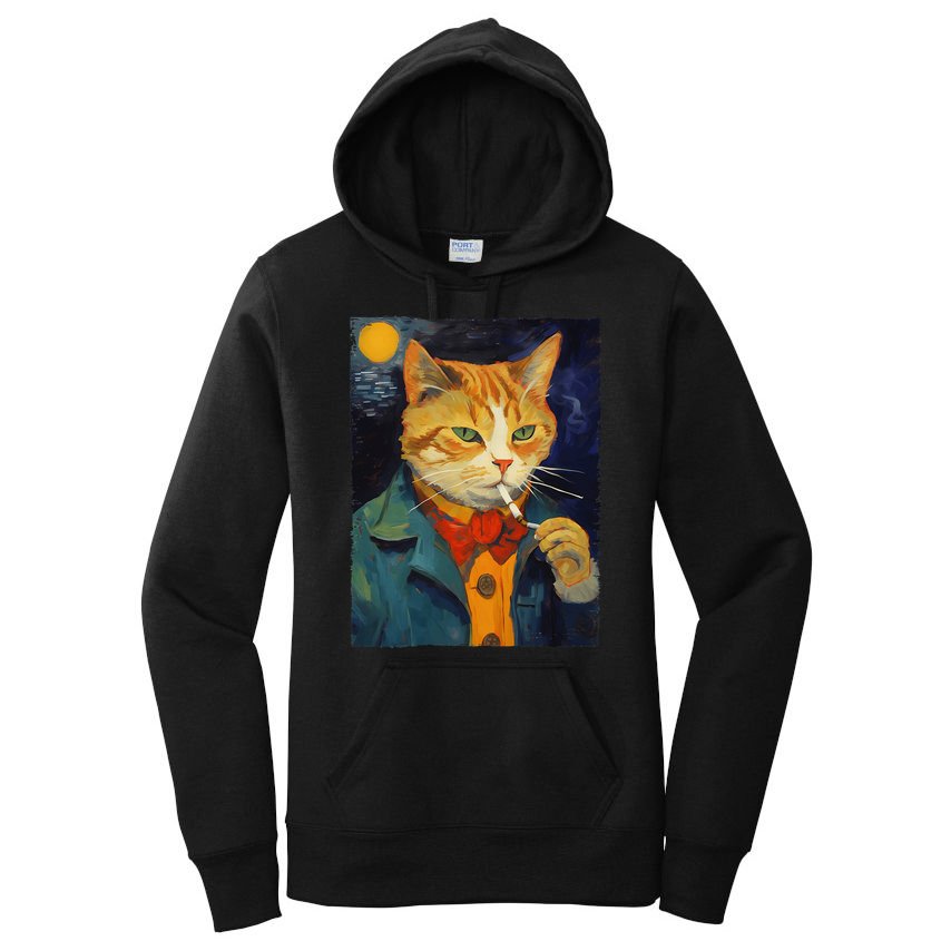A Painting Of A Cat Smoking Cigarette Cat Art Funny Women's Pullover Hoodie