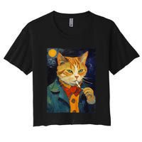 A Painting Of A Cat Smoking Cigarette Cat Art Funny Women's Crop Top Tee