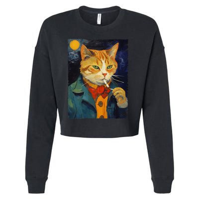 A Painting Of A Cat Smoking Cigarette Cat Art Funny Cropped Pullover Crew