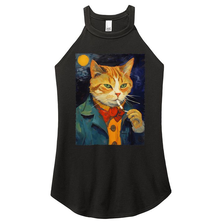 A Painting Of A Cat Smoking Cigarette Cat Art Funny Women's Perfect Tri Rocker Tank