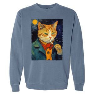 A Painting Of A Cat Smoking Cigarette Cat Art Funny Garment-Dyed Sweatshirt