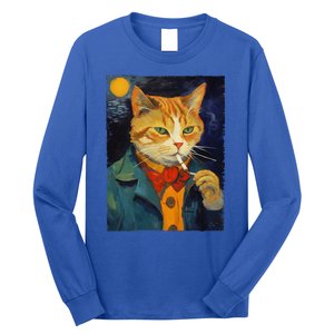 A Painting Of A Cat Smoking Cigarette Cat Art Funny Long Sleeve Shirt