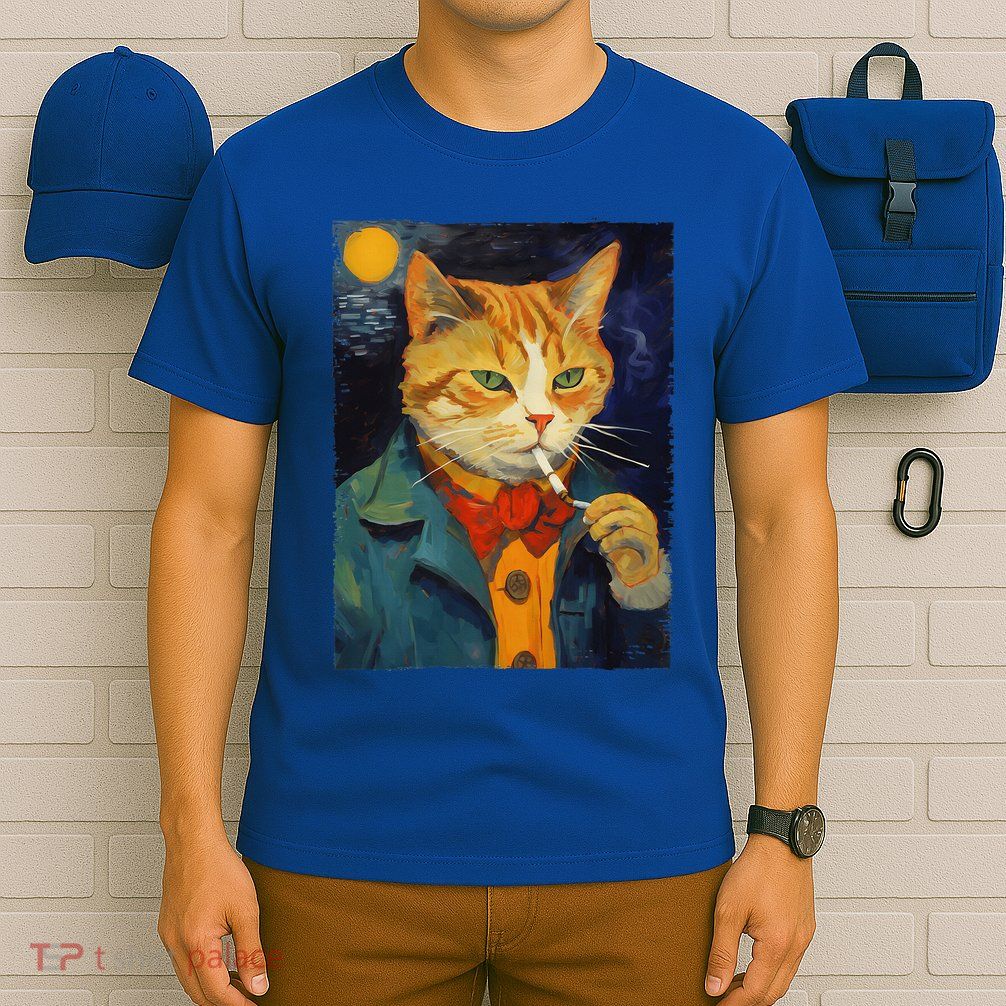 A Painting Of A Cat Smoking Cigarette Cat Art Funny T-Shirt