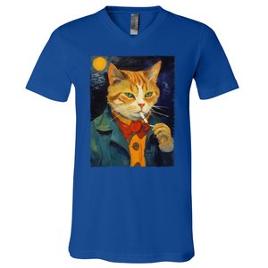 A Painting Of A Cat Smoking Cigarette Cat Art Funny V-Neck T-Shirt