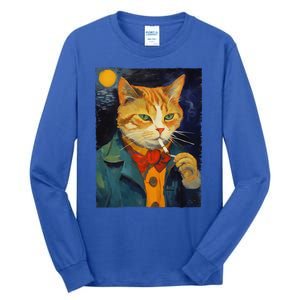 A Painting Of A Cat Smoking Cigarette Cat Art Funny Tall Long Sleeve T-Shirt