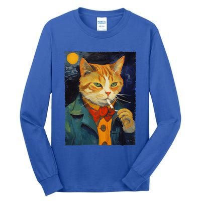 A Painting Of A Cat Smoking Cigarette Cat Art Funny Tall Long Sleeve T-Shirt