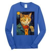 A Painting Of A Cat Smoking Cigarette Cat Art Funny Tall Long Sleeve T-Shirt