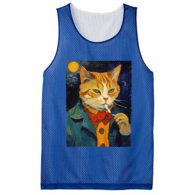 A Painting Of A Cat Smoking Cigarette Cat Art Funny Mesh Reversible Basketball Jersey Tank