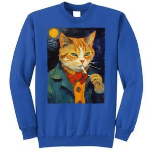 A Painting Of A Cat Smoking Cigarette Cat Art Funny Tall Sweatshirt