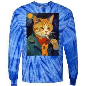 A Painting Of A Cat Smoking Cigarette Cat Art Funny Tie-Dye Long Sleeve Shirt