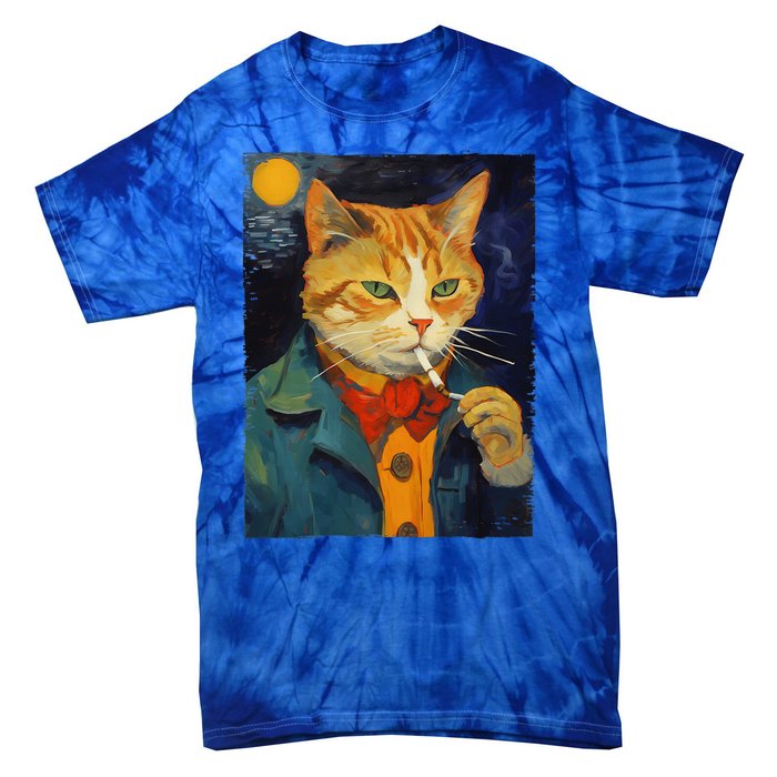 A Painting Of A Cat Smoking Cigarette Cat Art Funny Tie-Dye T-Shirt