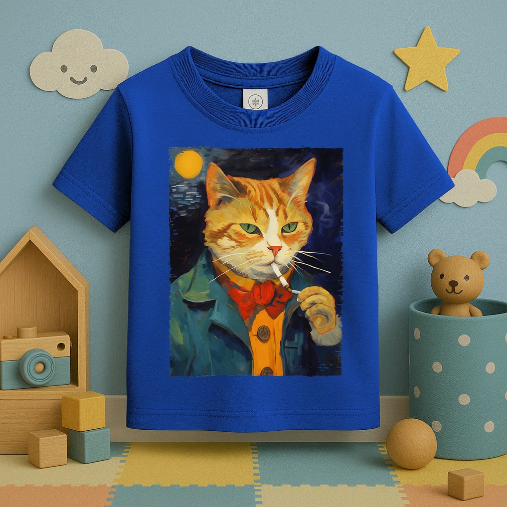 A Painting Of A Cat Smoking Cigarette Cat Art Funny Toddler T-Shirt