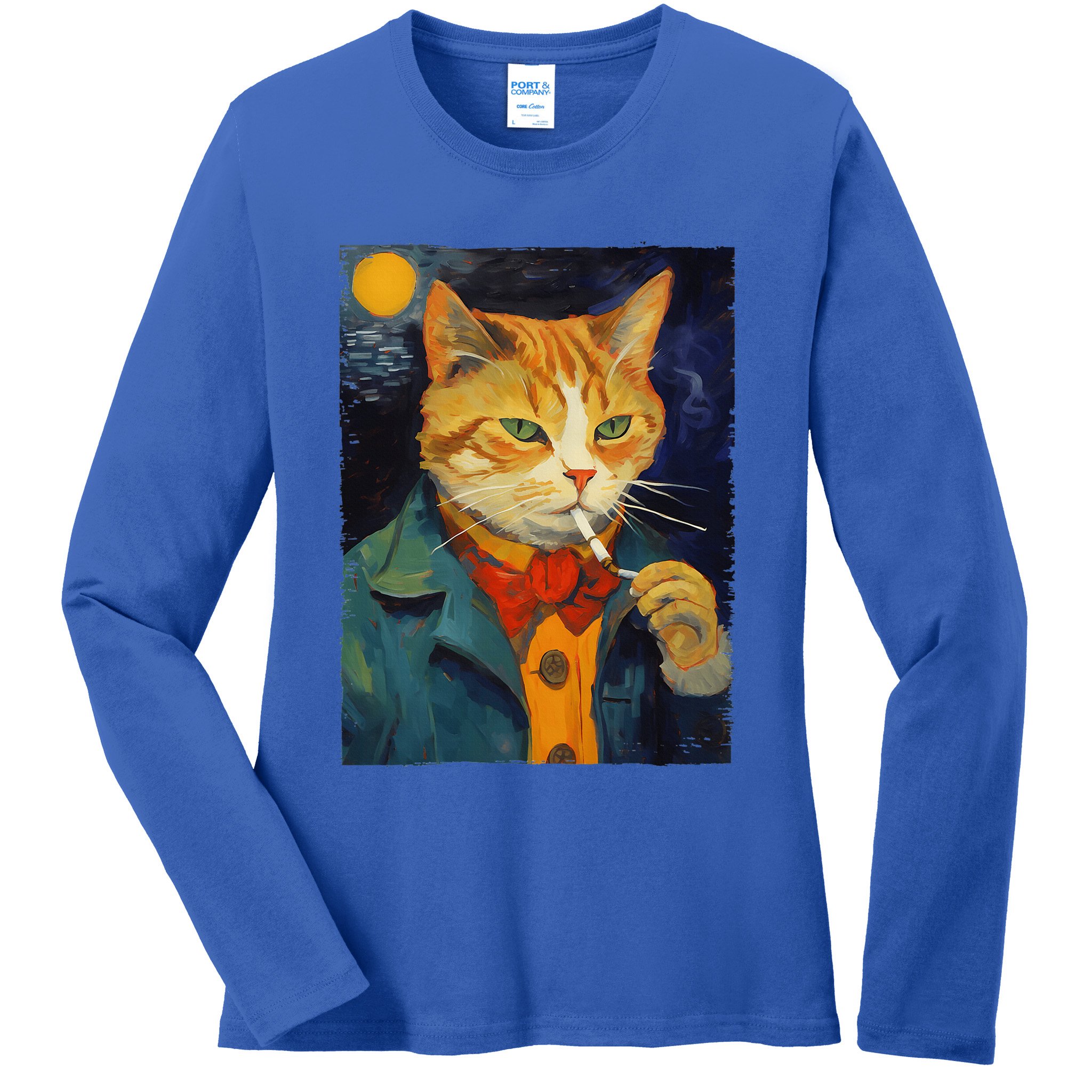 A Painting Of A Cat Smoking Cigarette Cat Art Funny Ladies Long Sleeve Shirt