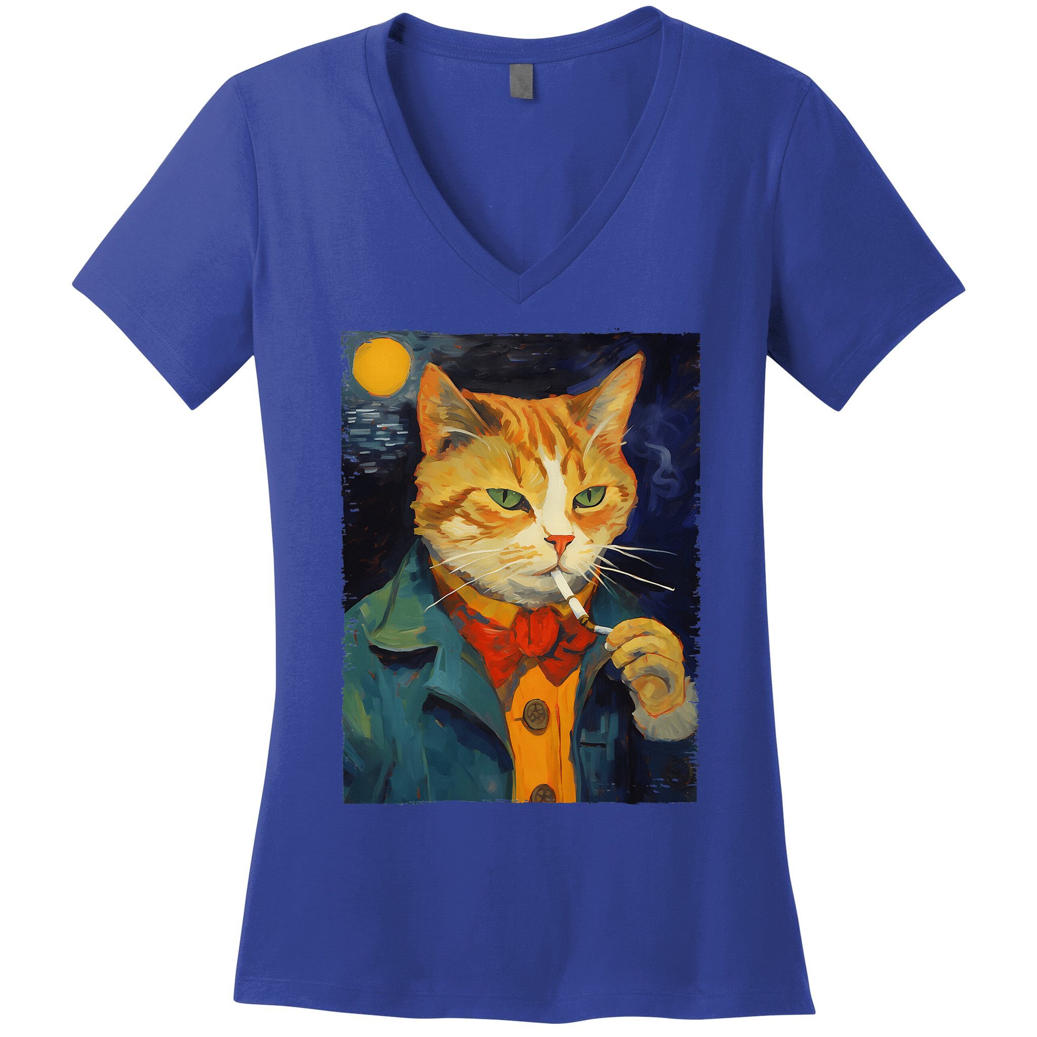 A Painting Of A Cat Smoking Cigarette Cat Art Funny Women's V-Neck T-Shirt