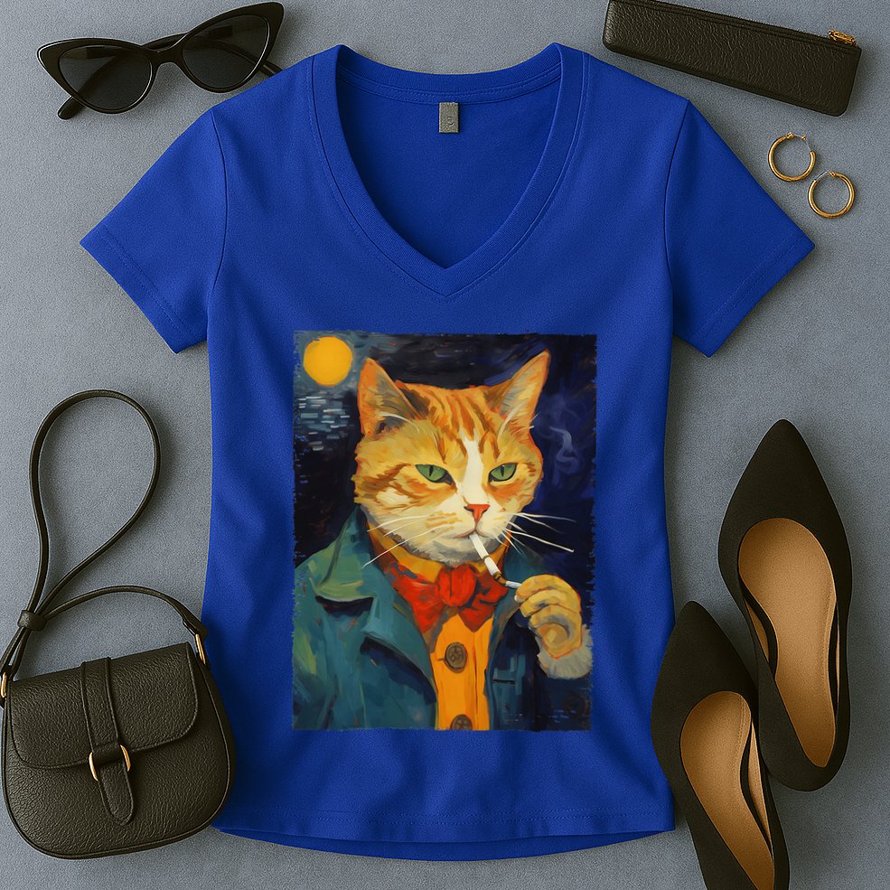 A Painting Of A Cat Smoking Cigarette Cat Art Funny Women's V-Neck T-Shirt