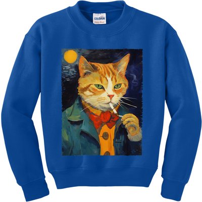 A Painting Of A Cat Smoking Cigarette Cat Art Funny Kids Sweatshirt