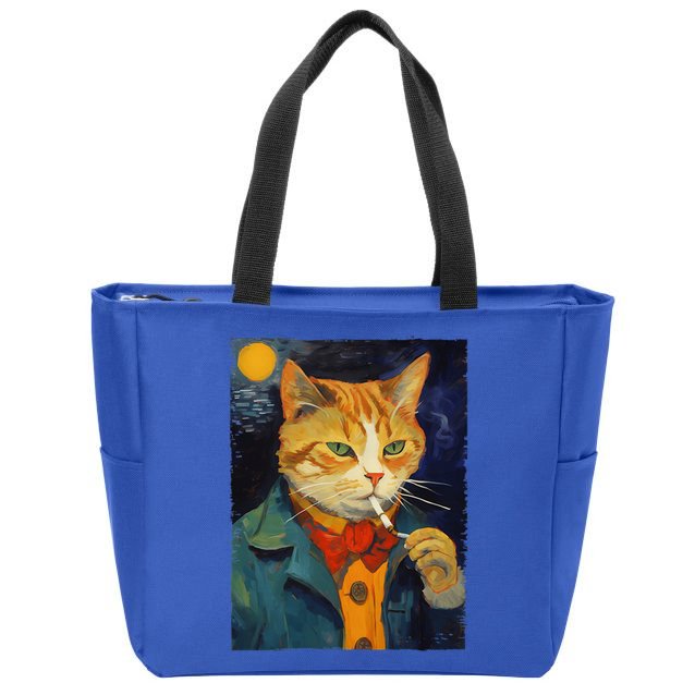 A Painting Of A Cat Smoking Cigarette Cat Art Funny Zip Tote Bag