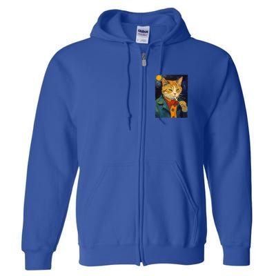 A Painting Of A Cat Smoking Cigarette Cat Art Funny Full Zip Hoodie