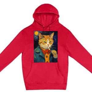 A Painting Of A Cat Smoking Cigarette Cat Art Funny Premium Pullover Hoodie