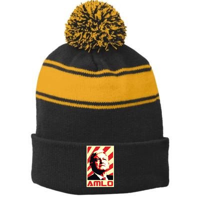 Amlo President Of Mexico Retro Propaganda Stripe Pom Pom Beanie