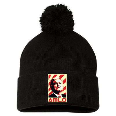 Amlo President Of Mexico Retro Propaganda Pom Pom 12in Knit Beanie