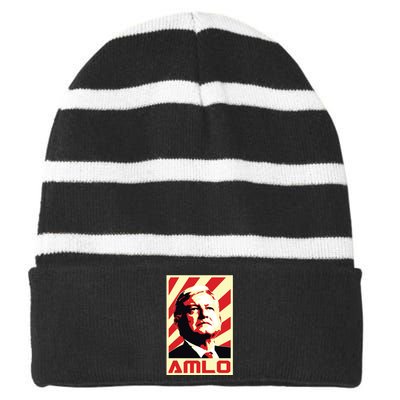 Amlo President Of Mexico Retro Propaganda Striped Beanie with Solid Band