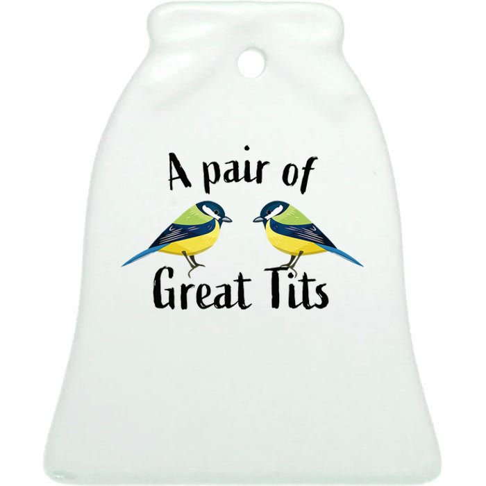 A Pair Of Great Tits Funny Bird Gift Ceramic Bell Ornament