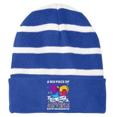 A Piece Of My Heart Has Autism My Granddaughter Great Gift Striped Beanie with Solid Band