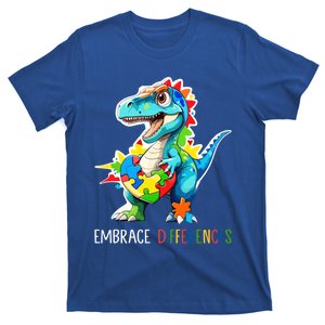 Autism Puzzle Piece Embrace Differences Autism Dinosaur Cool Gift T-Shirt