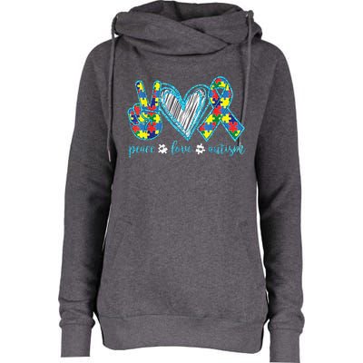 Autism Puzzle Piece Peace Love Autism Awareness Womens Funnel Neck Pullover Hood