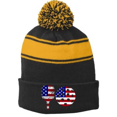 American Pickleball Paddle And Ball Stripe Pom Pom Beanie