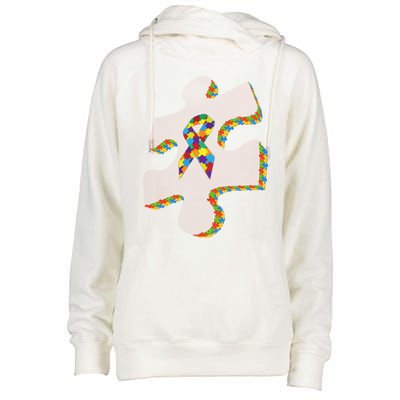 Autism Puzzle Piece With Ribbon Autism Awareness Month Funny Gift Womens Funnel Neck Pullover Hood