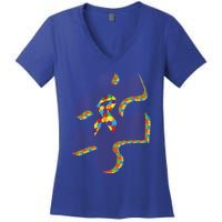 Autism Puzzle Piece With Ribbon Autism Awareness Month Funny Gift Women's V-Neck T-Shirt