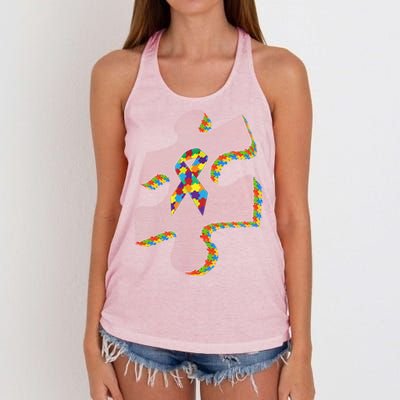 Autism Puzzle Piece With Ribbon Autism Awareness Month Funny Gift Women's Knotted Racerback Tank