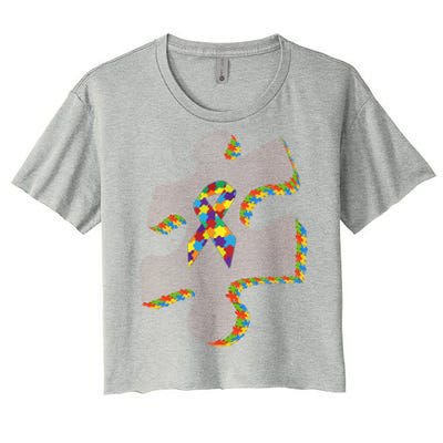 Autism Puzzle Piece With Ribbon Autism Awareness Month Funny Gift Women's Crop Top Tee