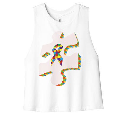 Autism Puzzle Piece With Ribbon Autism Awareness Month Funny Gift Women's Racerback Cropped Tank