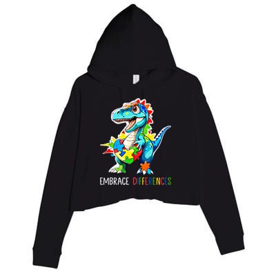 Autism Puzzle Piece Embrace Differences Autism Dinosaur Gift Crop Fleece Hoodie