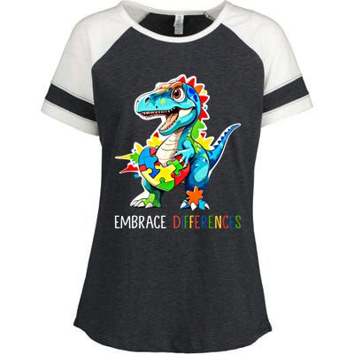 Autism Puzzle Piece Embrace Differences Autism Dinosaur Gift Enza Ladies Jersey Colorblock Tee