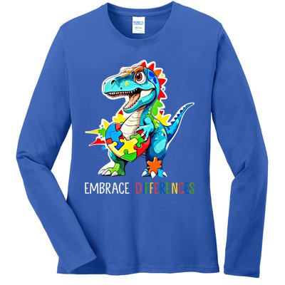 Autism Puzzle Piece Embrace Differences Autism Dinosaur Gift Ladies Long Sleeve Shirt