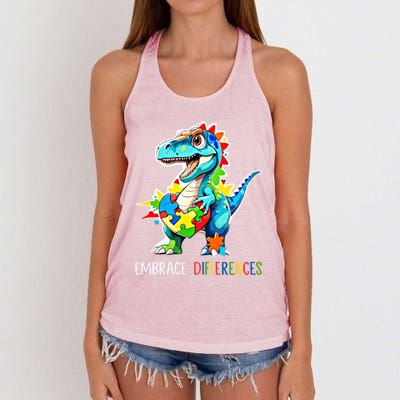 Autism Puzzle Piece Embrace Differences Autism Dinosaur Gift Women's Knotted Racerback Tank